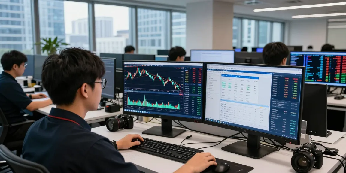 通过中概股报价API实现实时市场数据分析的交易员,展示金融科技办公室的动态交易环境。