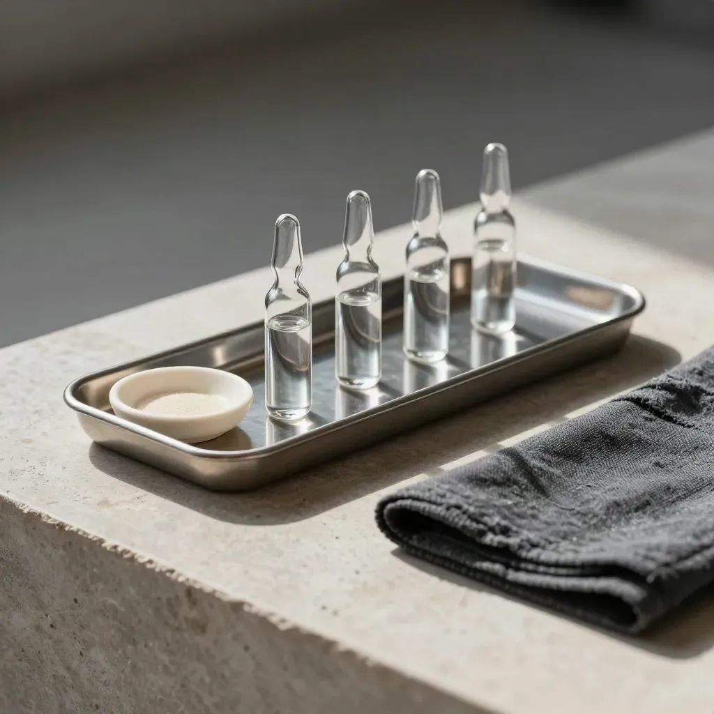 Stainless tray with ampoules, ceramic dish, and folded lab cloth on pale stone.