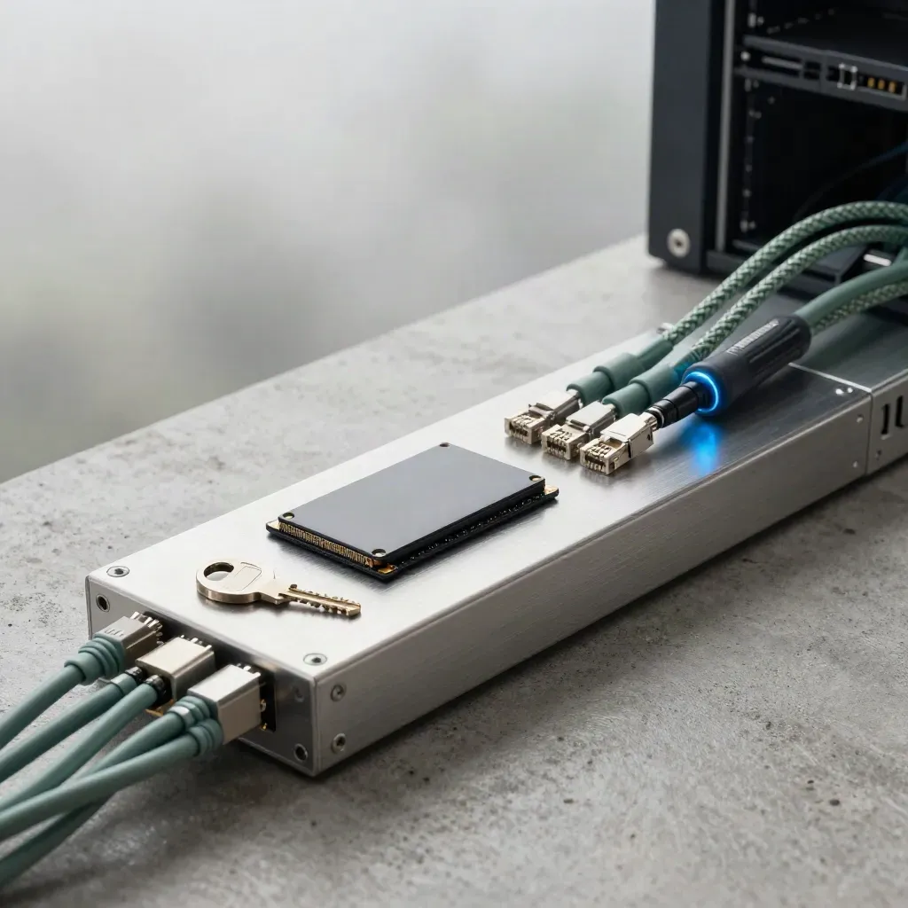 Server rail, braided ethernet, security key and SSD shell staged in misty dawn light.