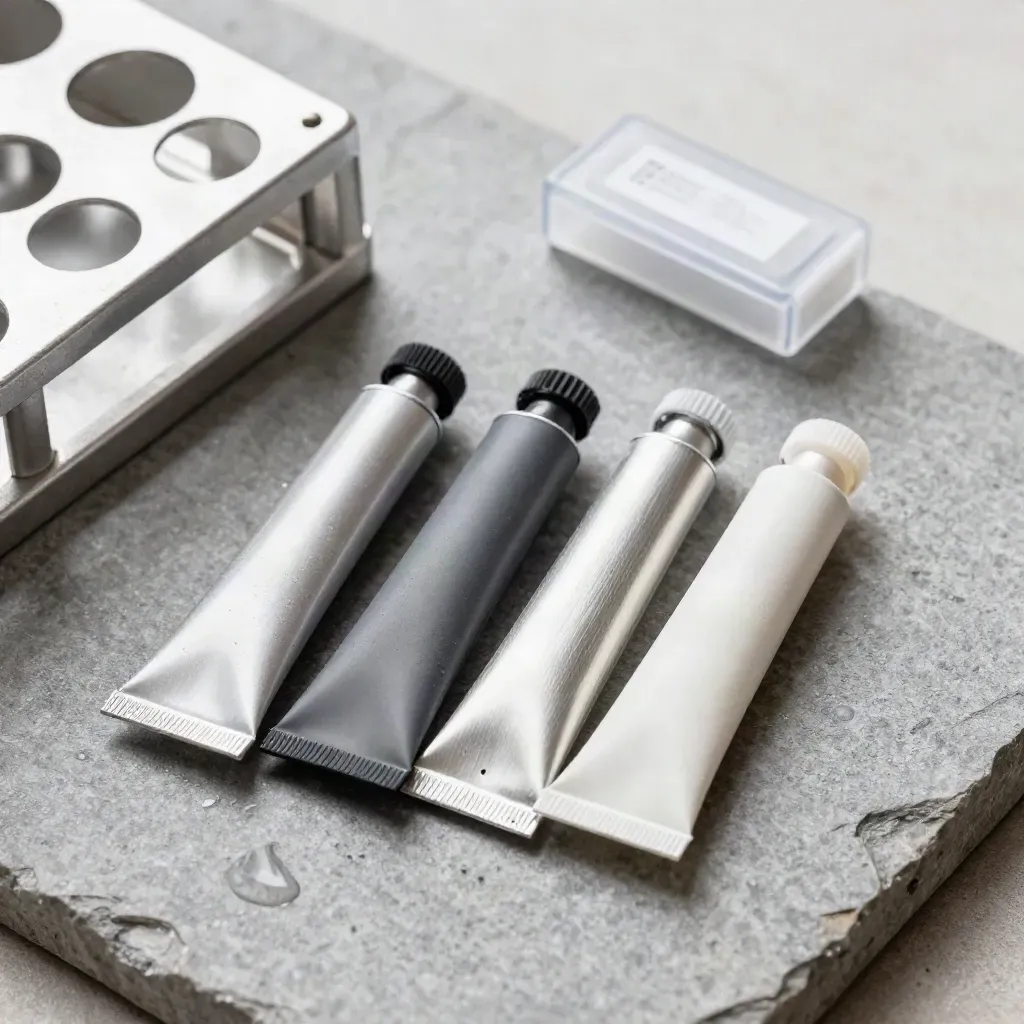 Top-down macro of sample tubes, aluminum rack, and micro-vial case on cool stone.