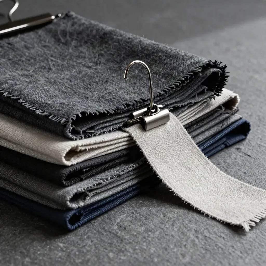 Charcoal fabric swatches, metal hook, clamp and linen strip on graphite stone in soft daylight.