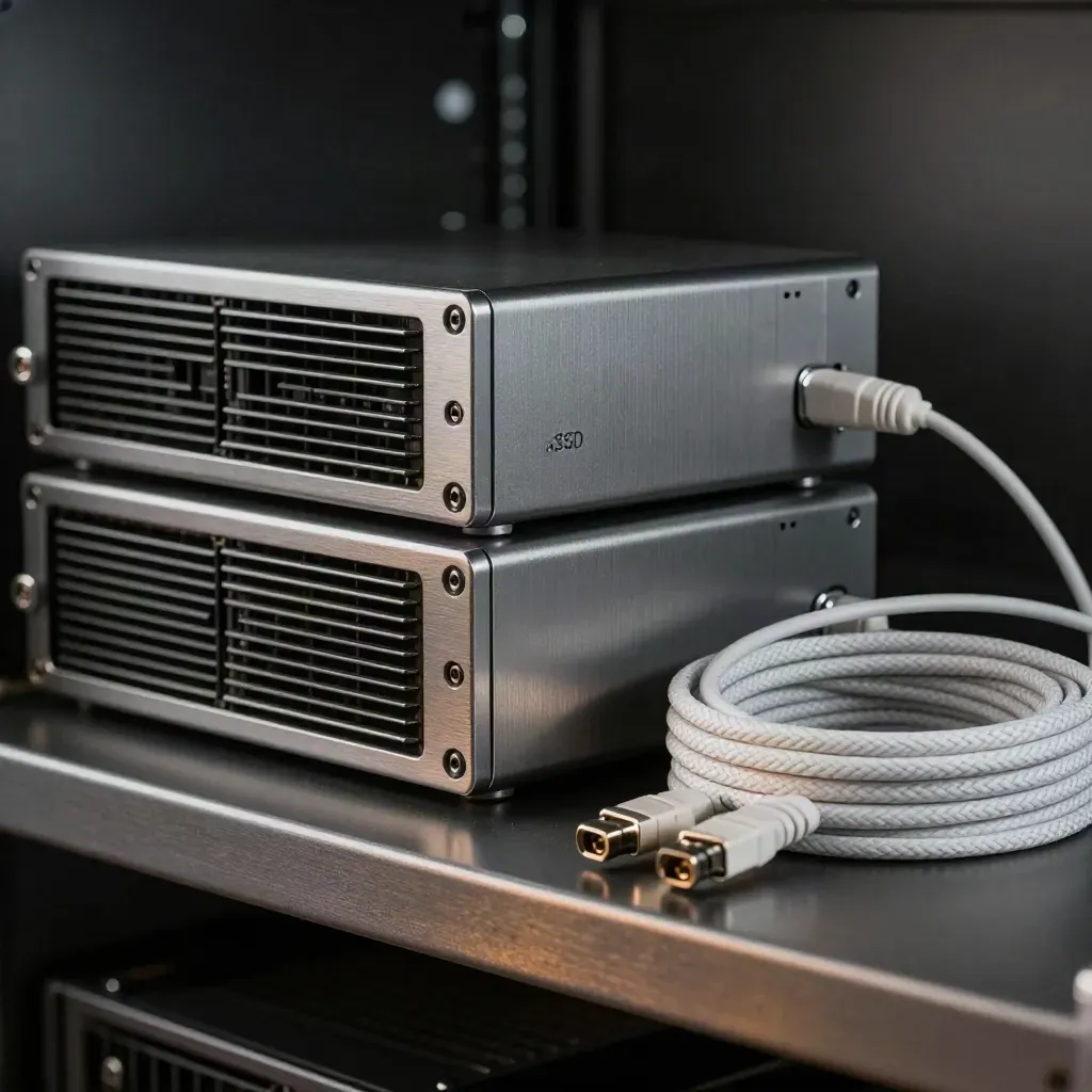 Stacked SSD enclosures with a braided cable loop on a dark server shelf, lit dramatically.