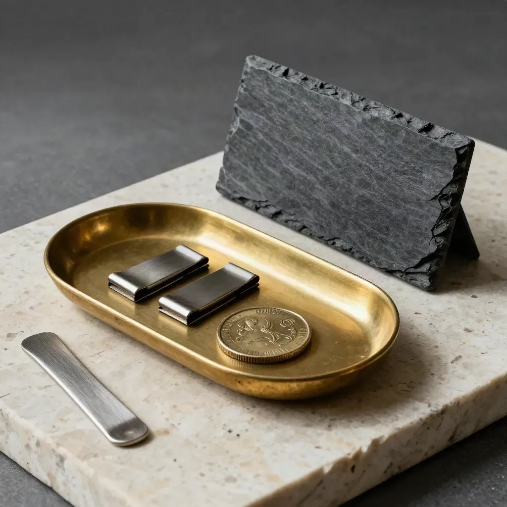 Top-down brass tray, steel clips, and slate divider on travertine with dust
