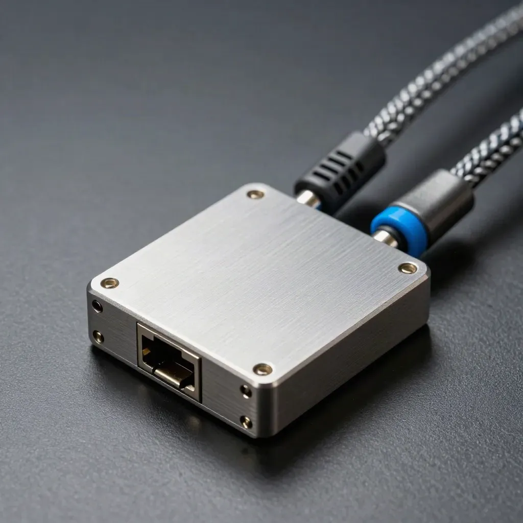 Macro of a brushed aluminum dev board with ethernet port and braided patch leads