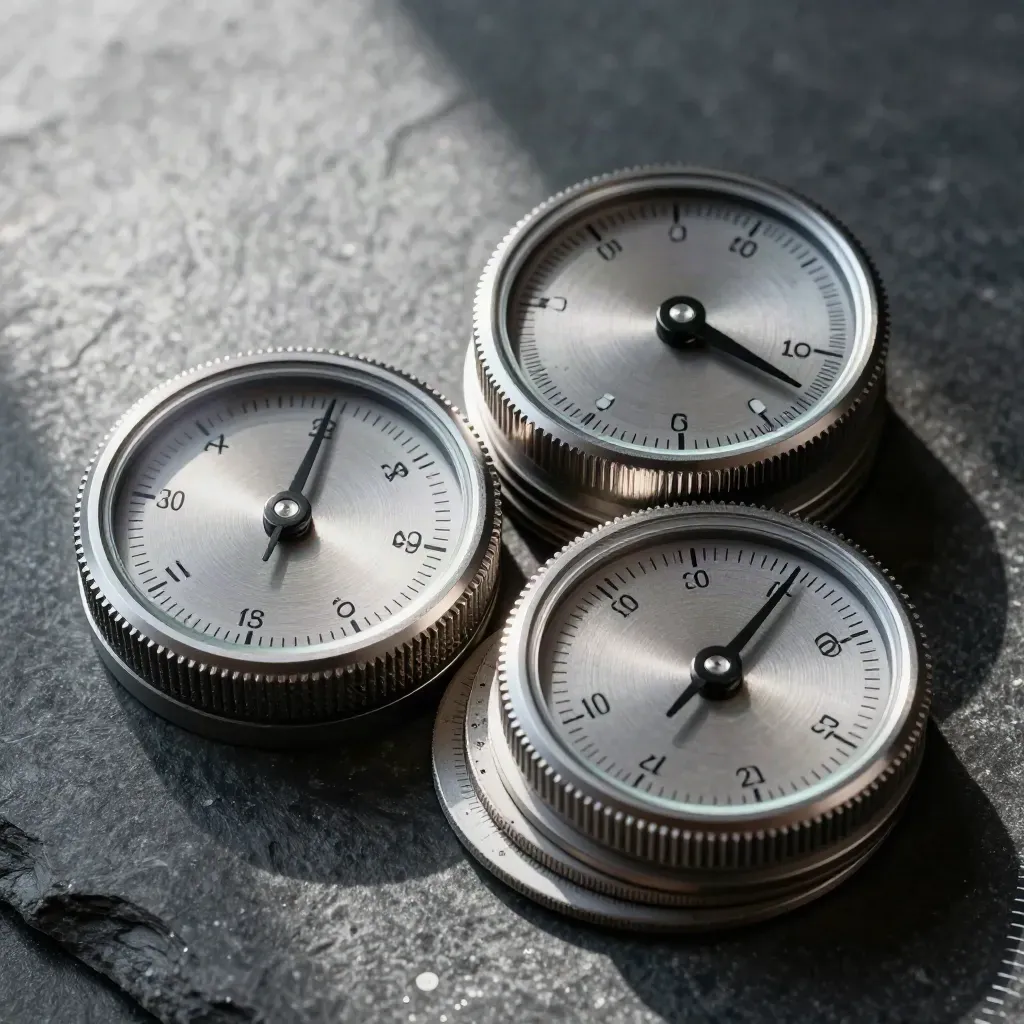 Top-down still life of two aligned machined status dials and calibration discs on dark stone.