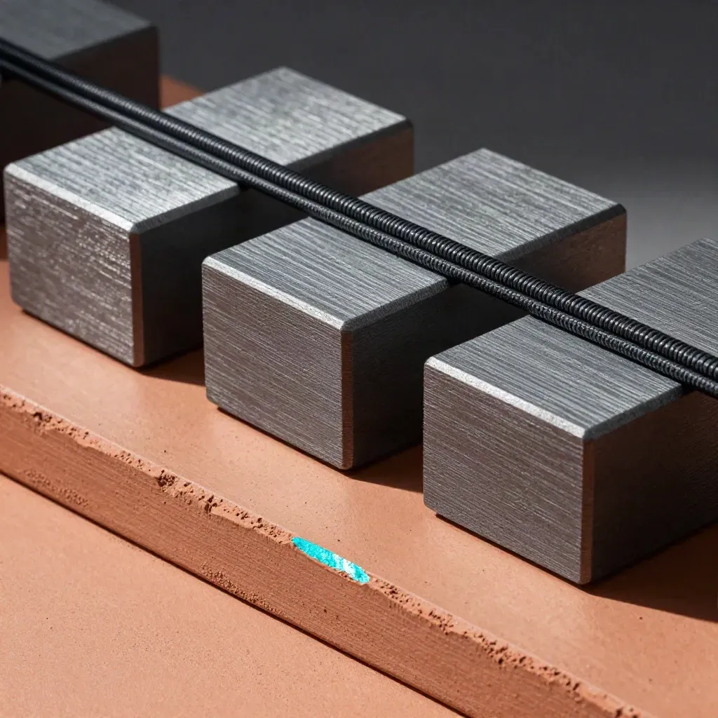 Linked relay blocks, cable loom, and terminal bridge on terracotta clay under dramatic studio light.