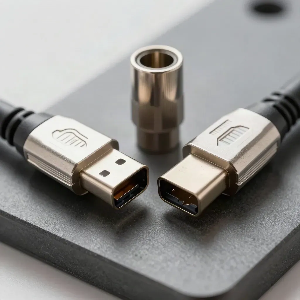 Macro of connected USB-C and fiber connectors on a graphite service surface.