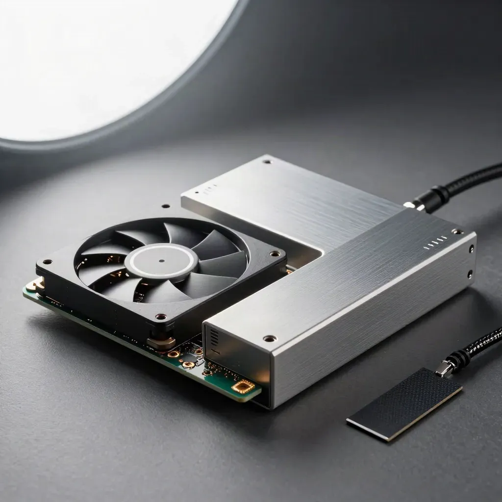 Overhead macro of a server fan module, encrypted SSD, and brushed aluminum power brick on graphite.