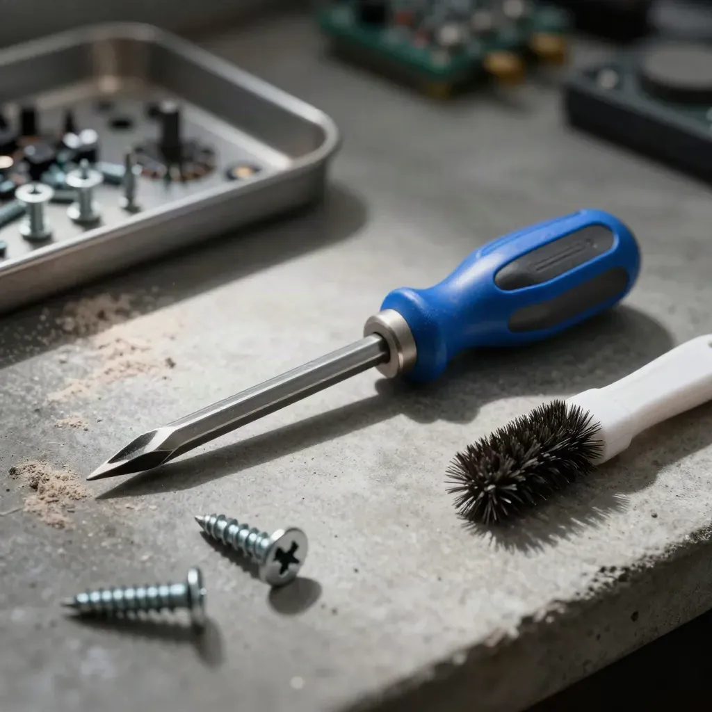 Precision screwdriver, screws, anti-static brush, and parts tray on a concrete workbench