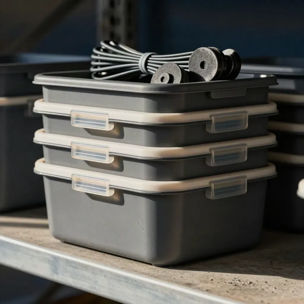 Nested storage bins, seals, cable ties, and asset pucks on a warehouse shelf.