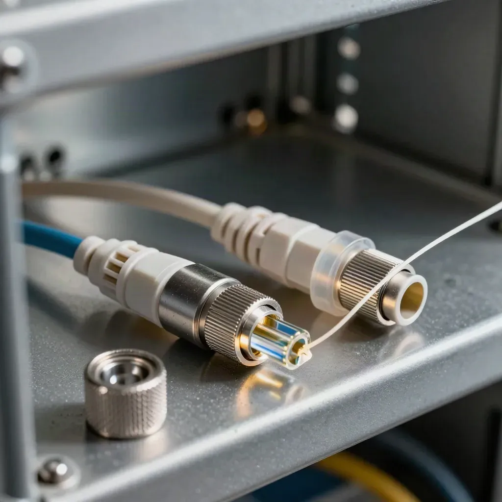 Optical couplers locking around a fiber ferrule on a graphite tray in a dark network bay