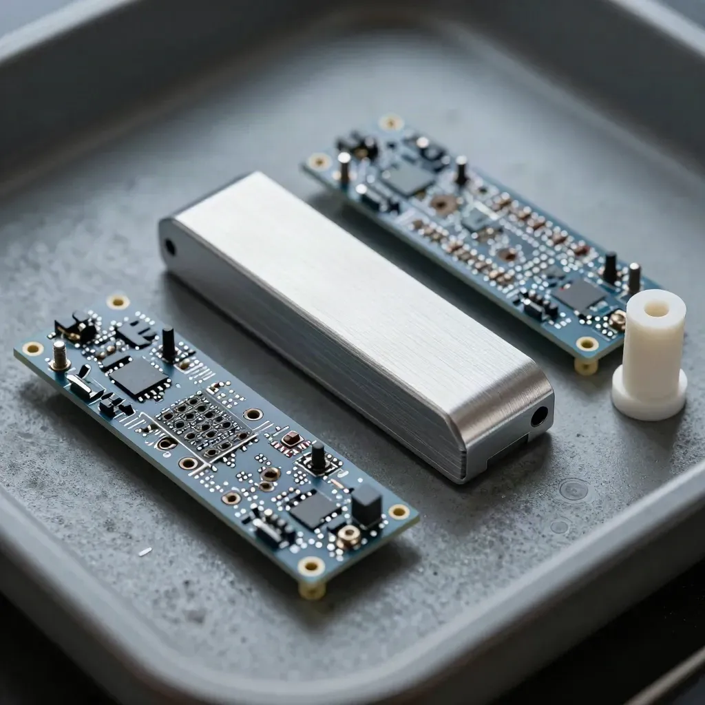Top-down macro of prototype boards, aluminum case, and spacer posts on a dark service surface.