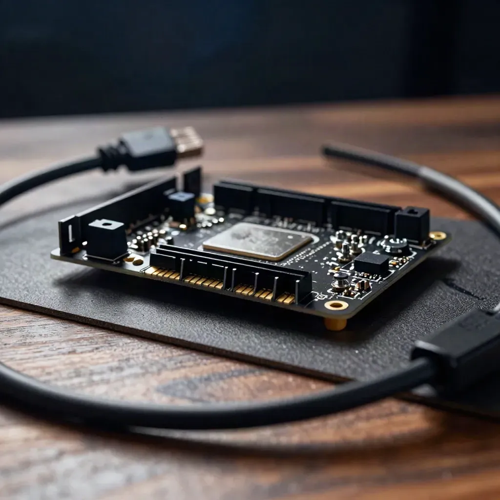 Black dev board, screw tray, ethernet cable and anti-static mat on a dark studio surface.