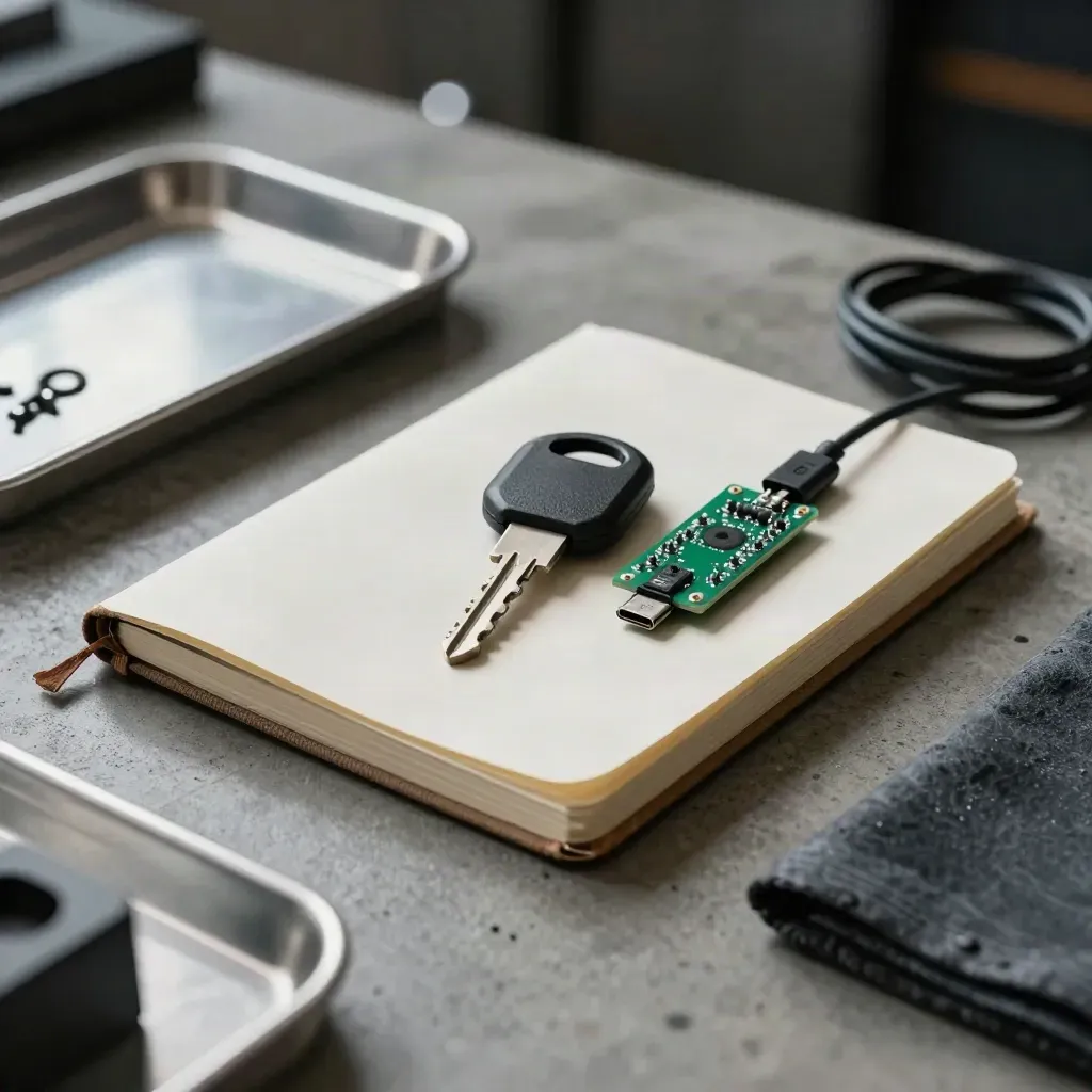 Closed sketchbook, security key, prototype board and coiled cable on a dim maker bench