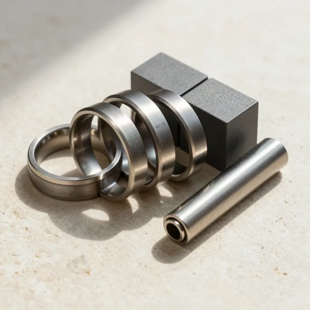 Top-down still life of linked metal rings, modular blocks, and a connector bar on a stone surface.