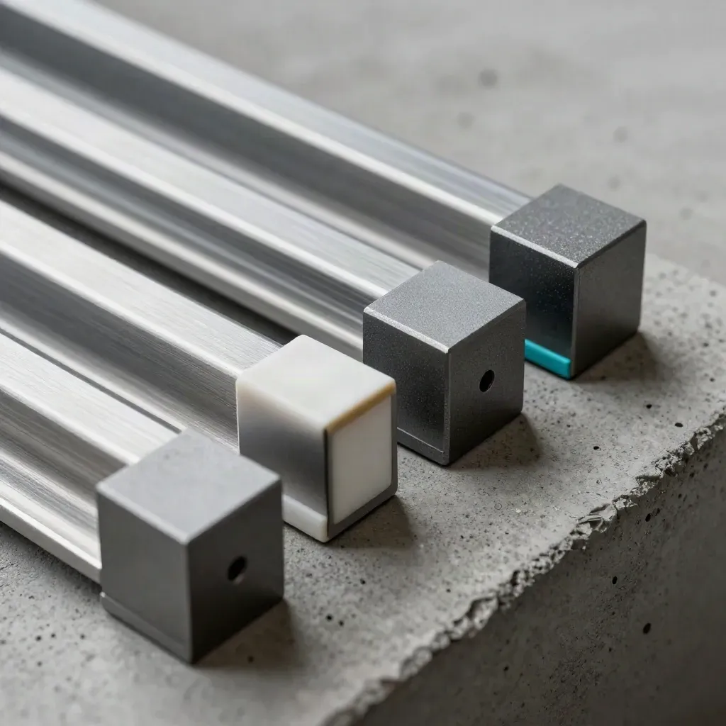 Macro of aluminum rails, ceramic spacers, and two square blocks in a diagonal release sequence.