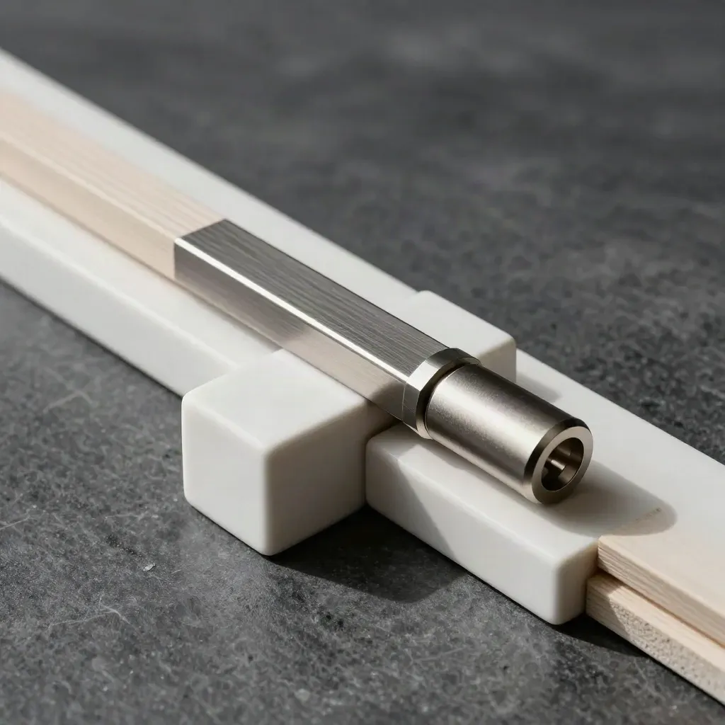 White ceramic blocks with a steel bridge connector and pale wood strip on dark graphite.