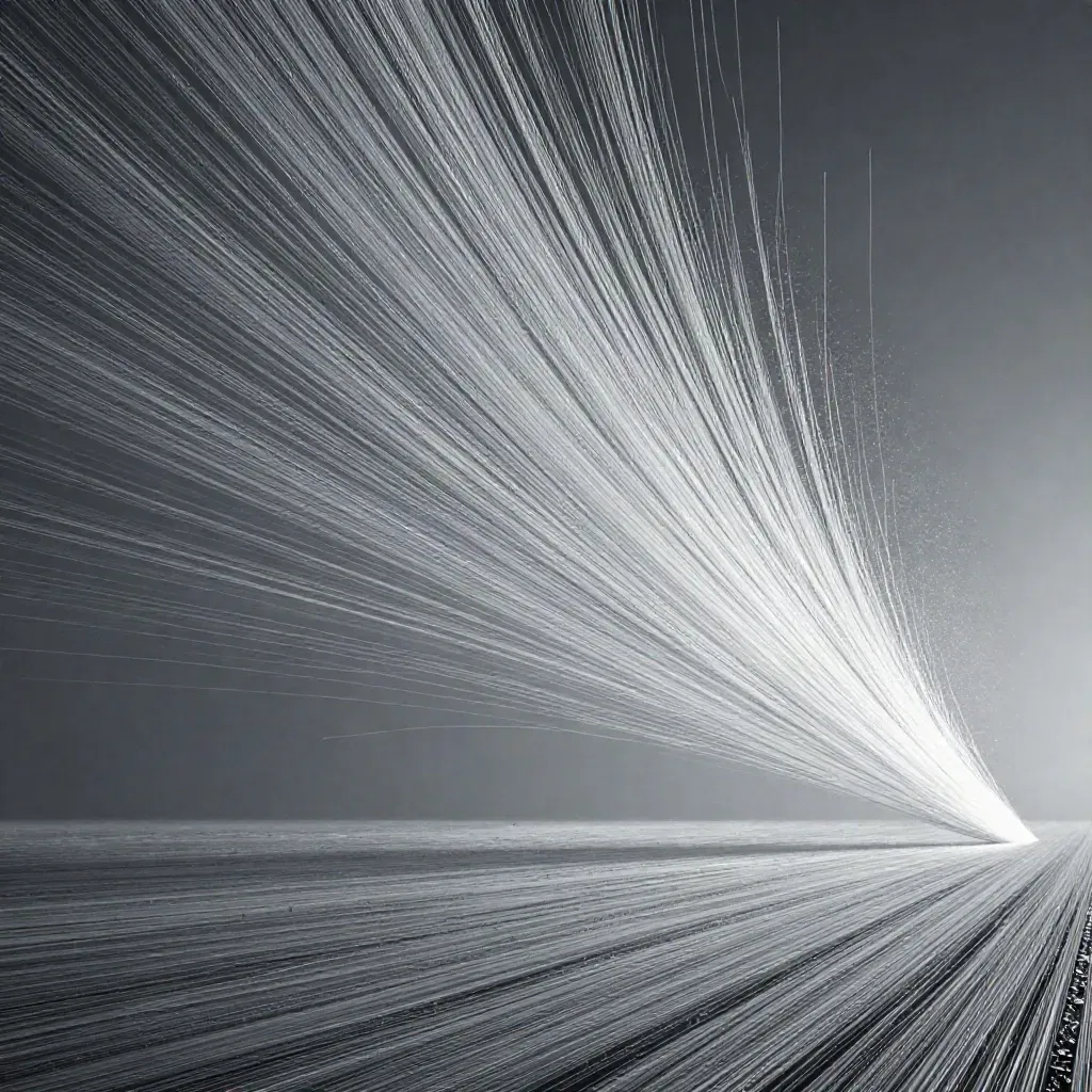 Silver filaments converge to a white bloom in graphite haze, with drifting motes and open lower space.