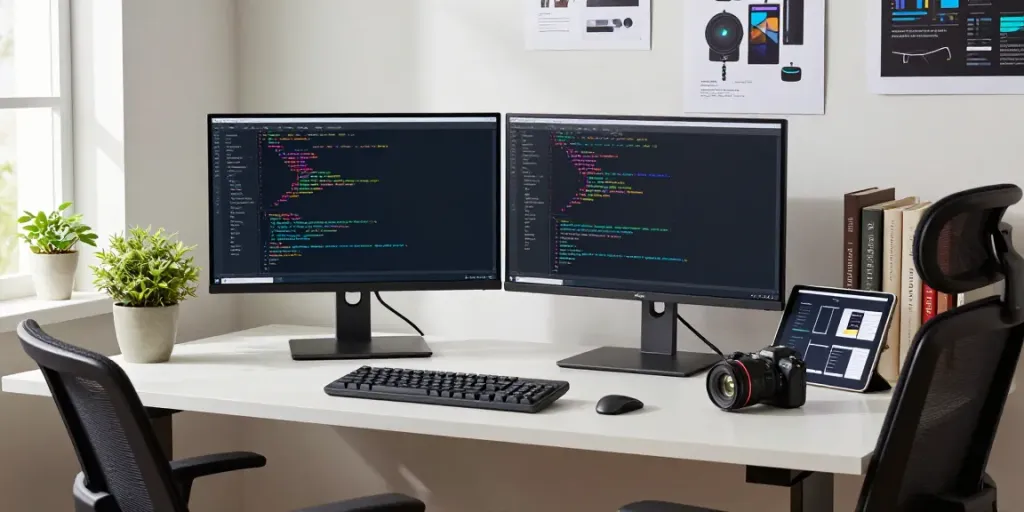 Professional workspace showcasing coding with Notepad++ on dual monitors at https://notepad-app.co/.