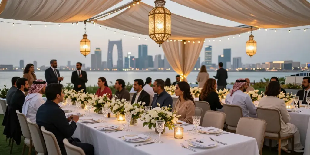 Event rentals decorated elegantly for a premium outdoor gathering in Saudi Arabia, featuring beautiful dining setups and skyline views.